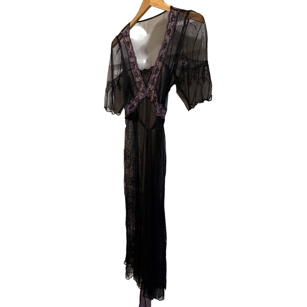 Vintage Y2K Black Chiffon Lingerie Slip Gown With Pink Floral Embroidery & Sheer